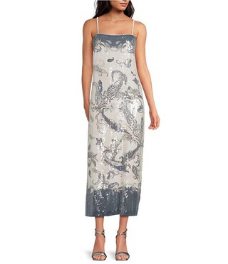 Gianna Paisley Square Neck Sleeveless Sequin Midi Dress | Dillard's