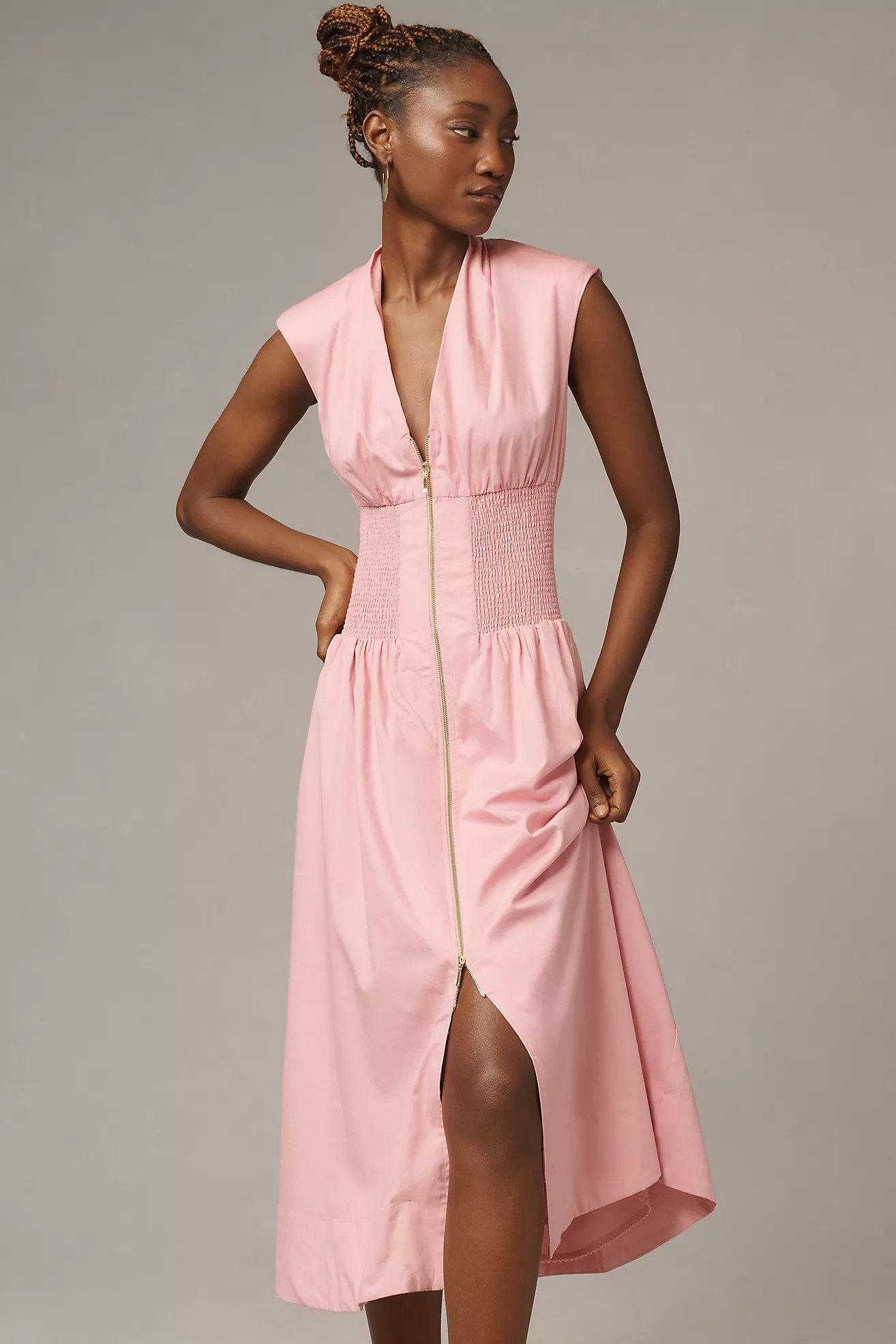 The Tommie Cap-Sleeve Smocked Front-Zip Shirt Dress | Anthropologie (US)