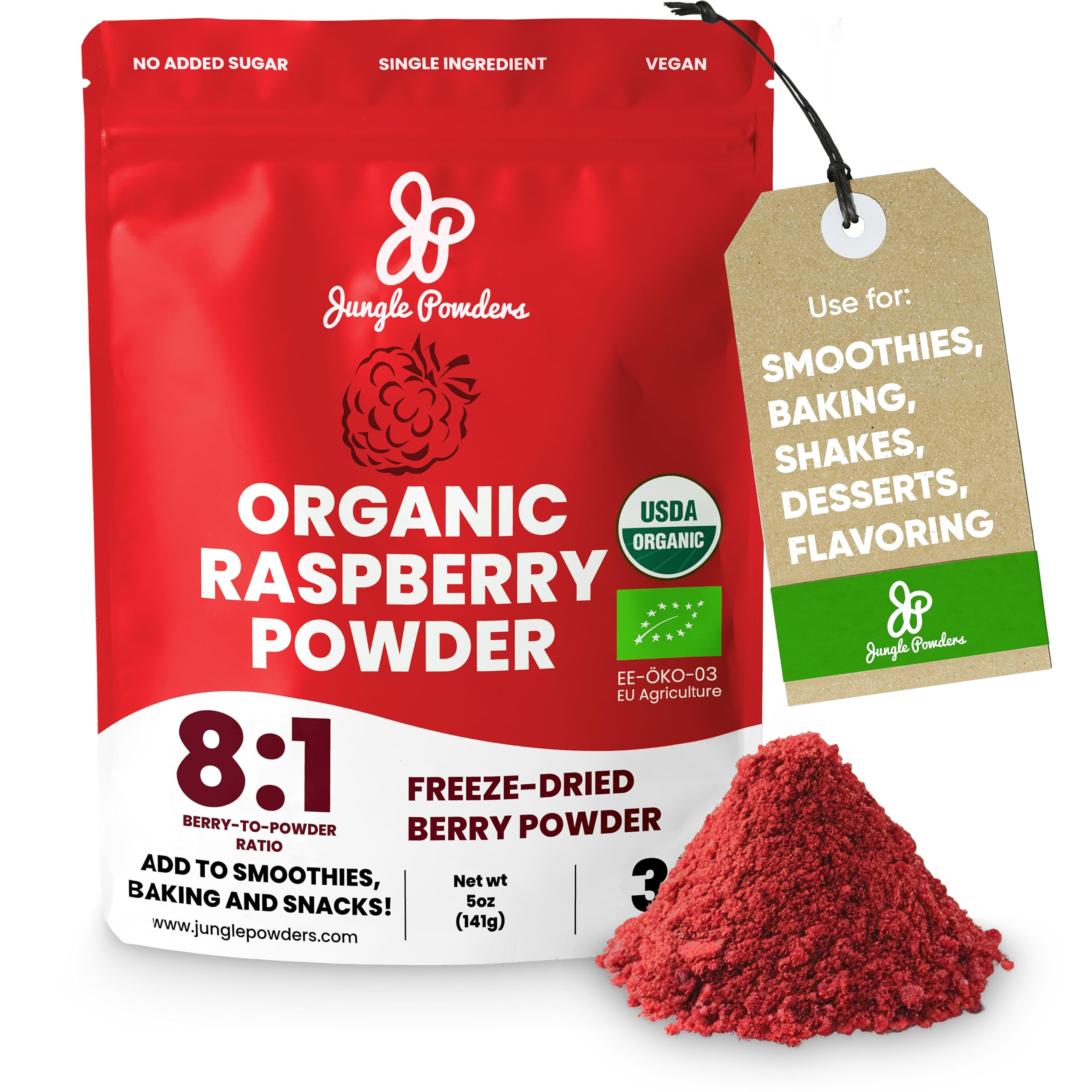 Jungle Powders Organic Raspberry Powder 5 Ounce Bag, USDA Organic Freeze Dried Raspberries from W... | Amazon (US)