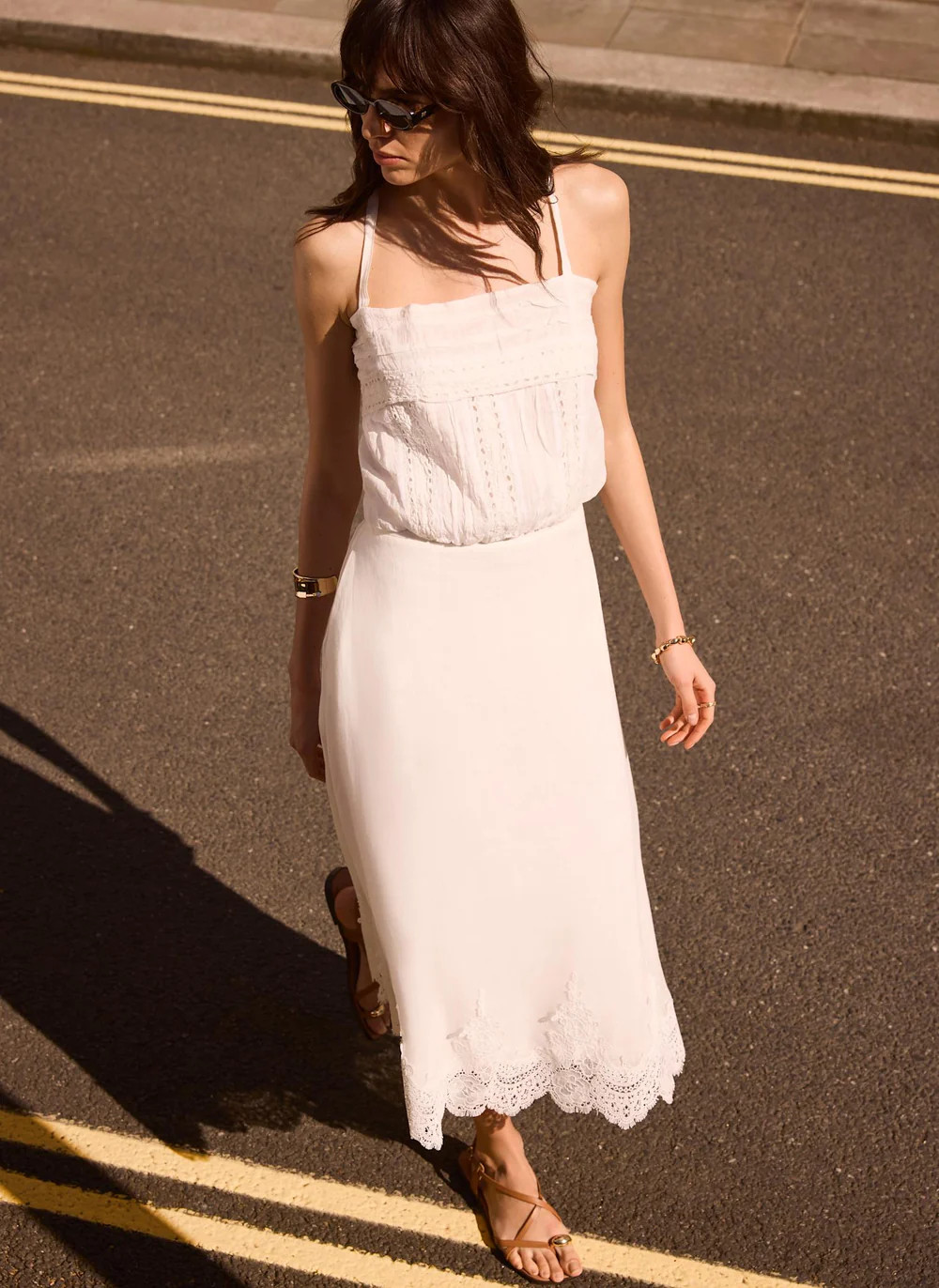 White Ramie Lace Trim Midi Skirt | Mint Velvet