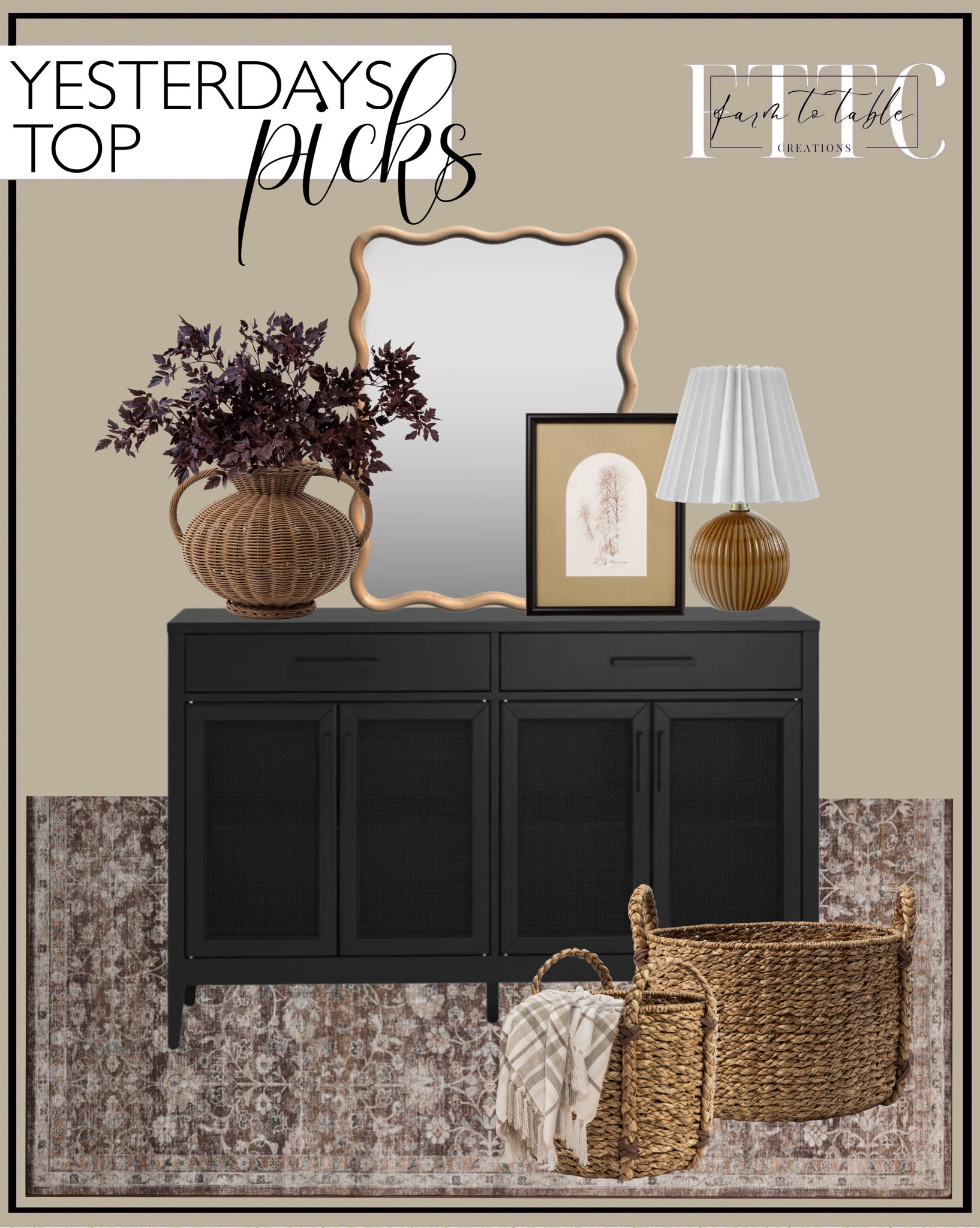 Yesterday’s Top Picks. Follow @farmtotablecreations on Instagram for more inspirational.

Liviana Wood Novelty Wall Mirror. Arnfinnur 56'' Sideboard. Loloi Josie Washable Rug. Livabliss Ferez Modern & Contemporary Accent Table Lamp - Tan. 11"x14" Sepia Tree Framed Wall Art - Hearth & Hand. Salter Woven Baskets. Antonia Woven Vase. Cimicifuga Stems. EVERGRACE Plaid Chenille Throw Blanket for Couch. 

Seasonal Decor | Bedroom corner | Coffee Table Decor | Fall Decor | Fall Stem Sale | Target Finds | Skinny Bench | Bedroom | Living Room | Breakfast Nook | Amazon Home | Target Sale | Loloi Rugs | Magnolia Home | console table | console table styling | faux stems | entryway space | home decor finds | neutral decor | entryway decor | cozy home | affordable decor |  home decor | home inspiration | fall stems | fall console | spring vignette | fall decor | fall decorations | console styling | entryway rug | cozy moody home | moody decor | neutral home



#LTKSaleAlert #LTKFindsUnder50 #LTKHome