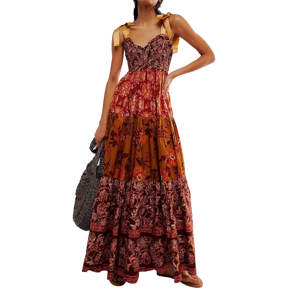 Women Floral Boho Sundress Tie Shoulder Smocked Patchwork Flowy Maxi Dresses with Pockets Summer ... | Amazon (US)
