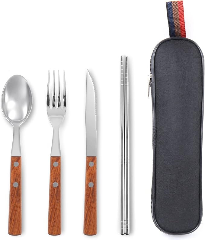 Travel Utensils with Case 4-Pack Wooden Handle Stainless Steel Reusable Travel Cutlery Set, Forks... | Amazon (US)
