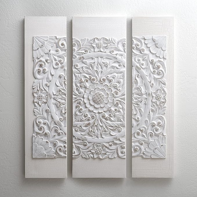 Madison Park Wall Art Living Room Decor - White Mandala Damask 3D Embelished Canvas, Home Accent ... | Amazon (US)