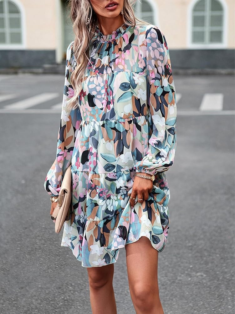 LYANER Women's 2023 Fall Dress Mock Neck Pleated Long Sleeve Floral Print Tiere Ruffle Babydoll M... | Amazon (US)