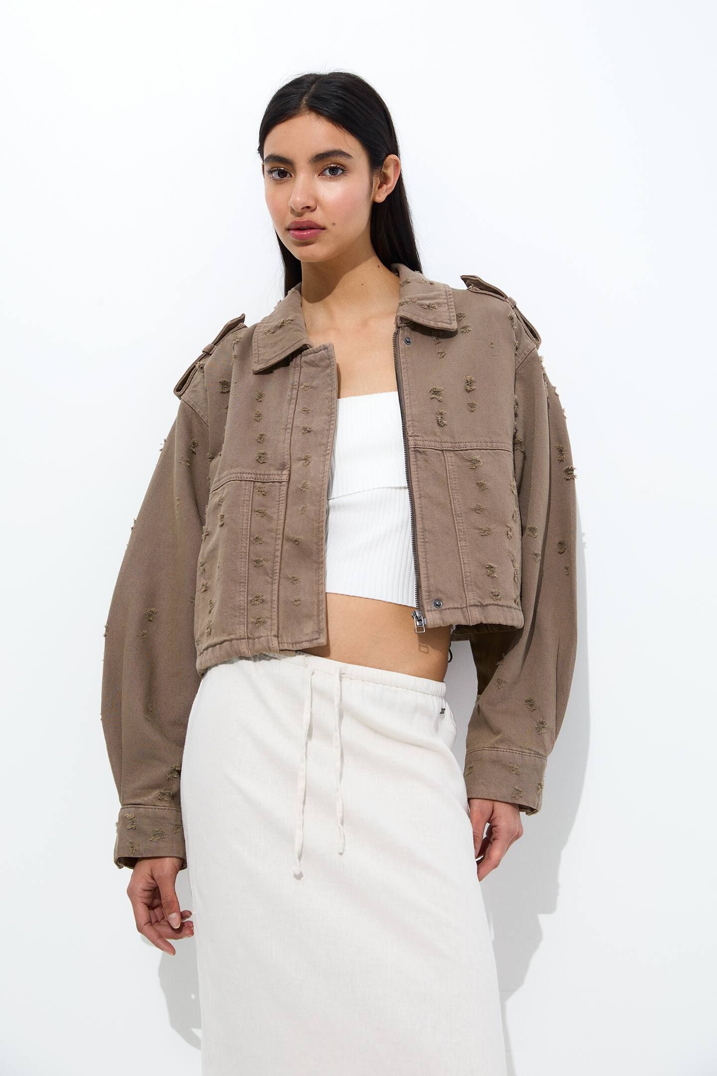 Cropped jacket with ripped detail | PULL and BEAR UK