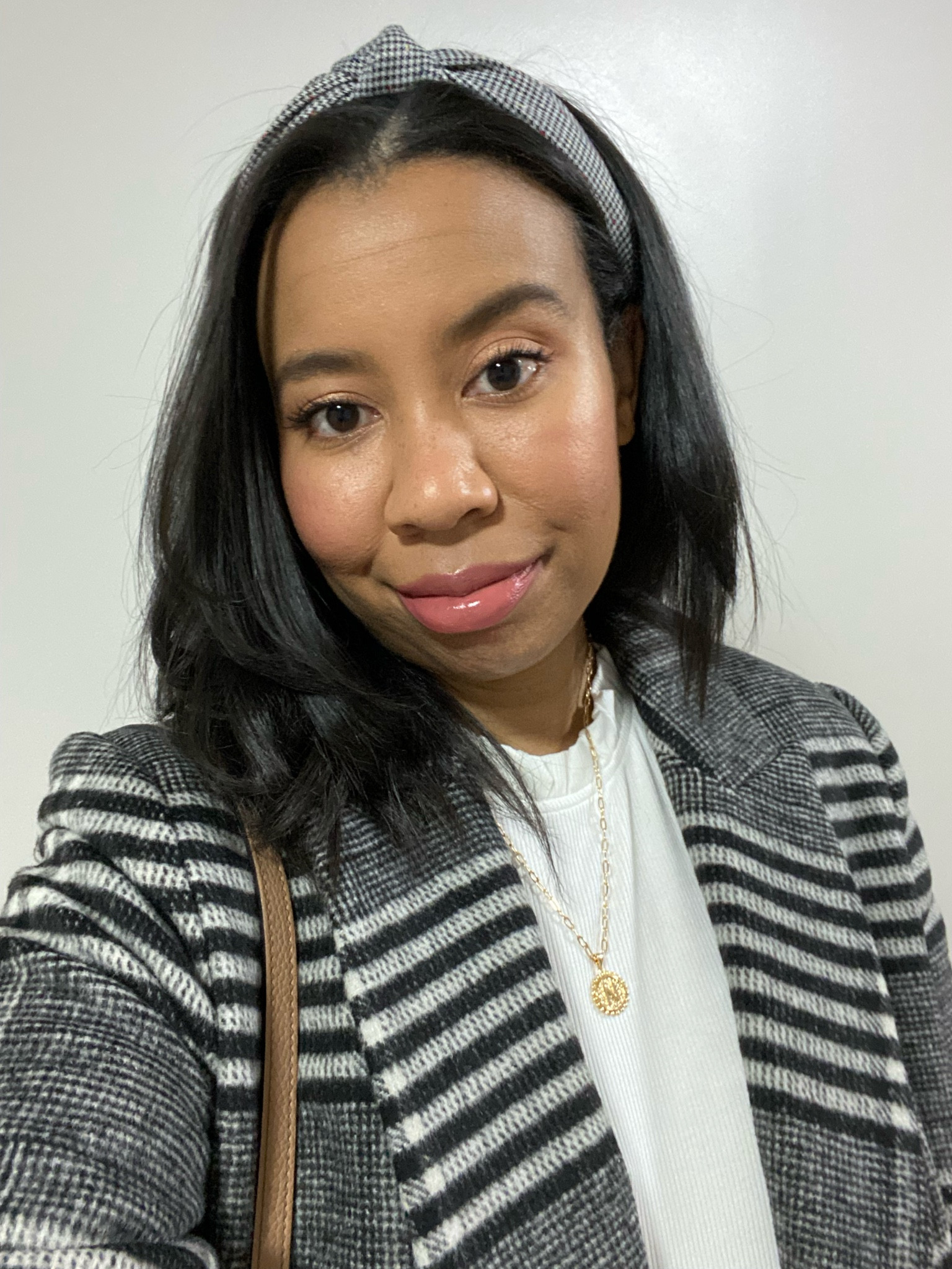 Everyday makeup for a coffee shop meetup. // tinted moisturizer, natural makeup, plaid coat, gold initial necklace, plaid headband with knot, knotted headband, neutral outfit

#LTKfindsunder50 #LTKsalealert #LTKfindsunder100