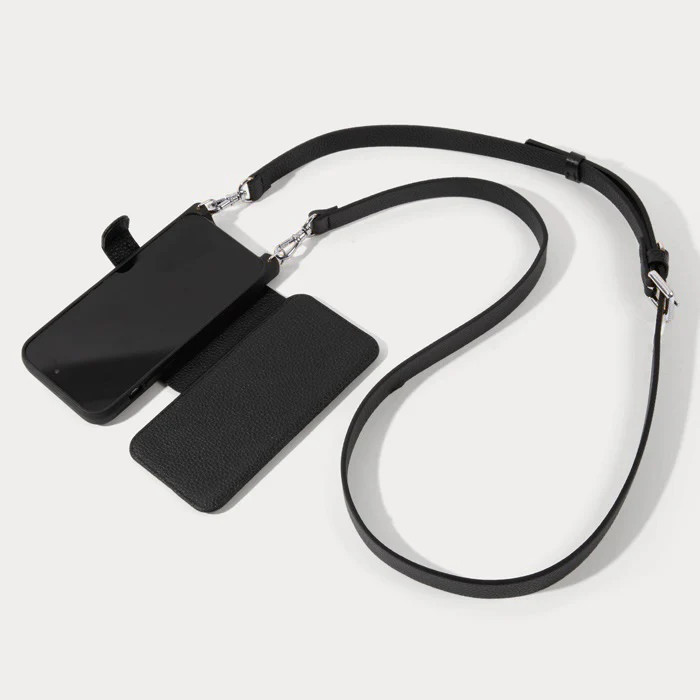 Hailey Folio Pebble Leather Crossbody Bandolier in Black/Silver | _ / iPhone XR | Bandolier Style | Bandolier