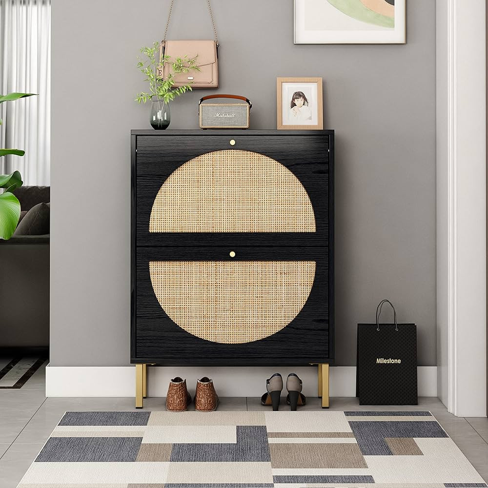 ZeHuoGe Natural Rattan Shoe Cabinet with 2 Flip Drawers, Entrance Hallway Slim Entryway Shoe Orga... | Amazon (US)