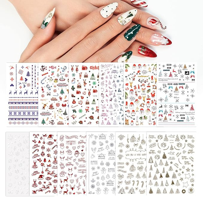 Beetles Christmas Nail Art Decals Stickers, 6 Sheets Nail Art 3D Self-Adhesive Santa Claus Snowfl... | Amazon (US)