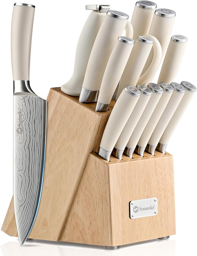 Sunnecko Knife Set with Block and Sharpener, 15 Piece Kitchen Knife Block Set Sharp Kitchen Knive... | Amazon (US)