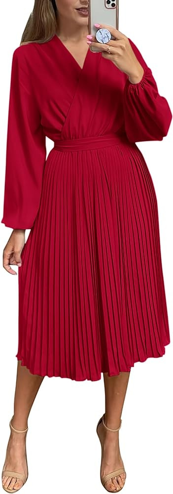 PRETTYGARDEN Women's Spring Midi Dress Long Puff Sleeve Wrap V Neck Flowy Ruffle Pleated Casual F... | Amazon (US)