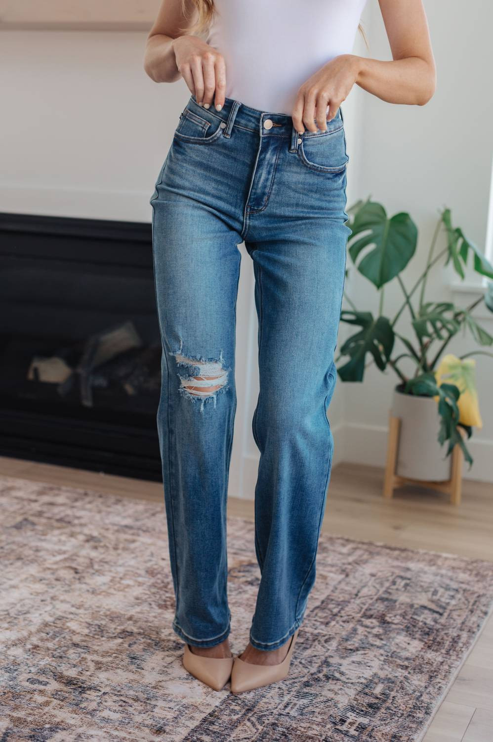High Waist Tummy Control 90's Straight Jeans In Blue | Shop Simon
