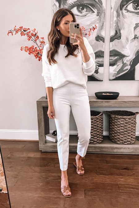 Medium in sweatshirt, size small in white pants (not see through AT ALL). Use code LORENXSPANX for 10% off 

#LTKFind #LTKstyletip #LTKSeasonal