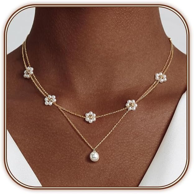 OGD Gold Pearl Necklaces Set for Women 14K Gold Plated Dainty Layered Pearl Cute Daisy Pearl Chok... | Amazon (US)