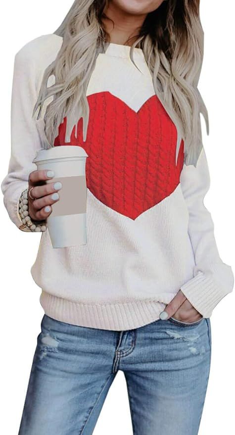 Valentine's Day Women Long Sleeve Crewneck Sweaters Heart Print Casual Knitted Pullover Kniitwear... | Amazon (US)