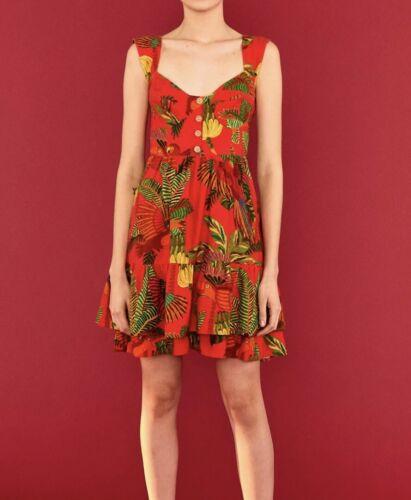 Farm Rio Red Forest Birds Tiered Hem Pockets Mini Dress Size Small | eBay US