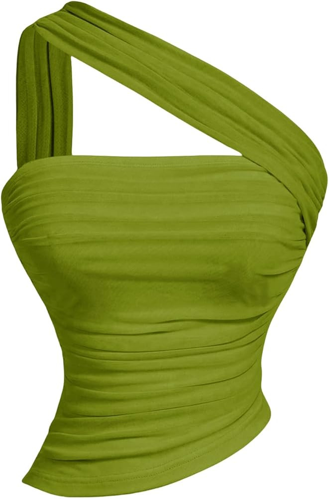 Milumia Women's One Shoulder Tops Ruched Sleeveless Mesh Halter Crop Tube Top | Amazon (US)
