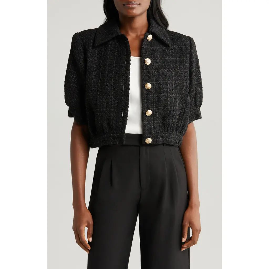 L'AGENCE Cove Tweed Crop Jacket in Black at Nordstrom, Size 8 | Nordstrom