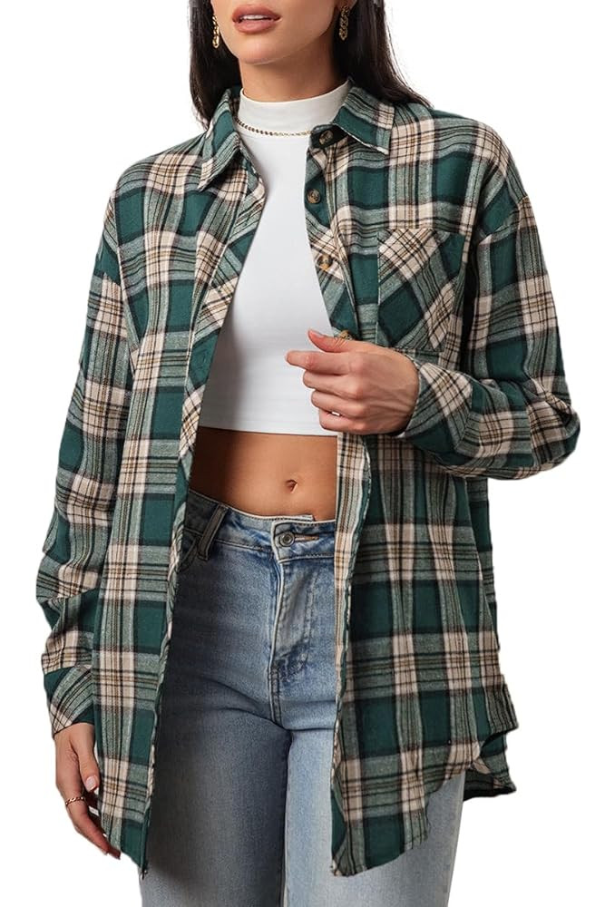 CHYRII Womens Button Down Flannel Shirts Long Sleeve Plaid Shackets Business Casual Blouse Top | Amazon (US)