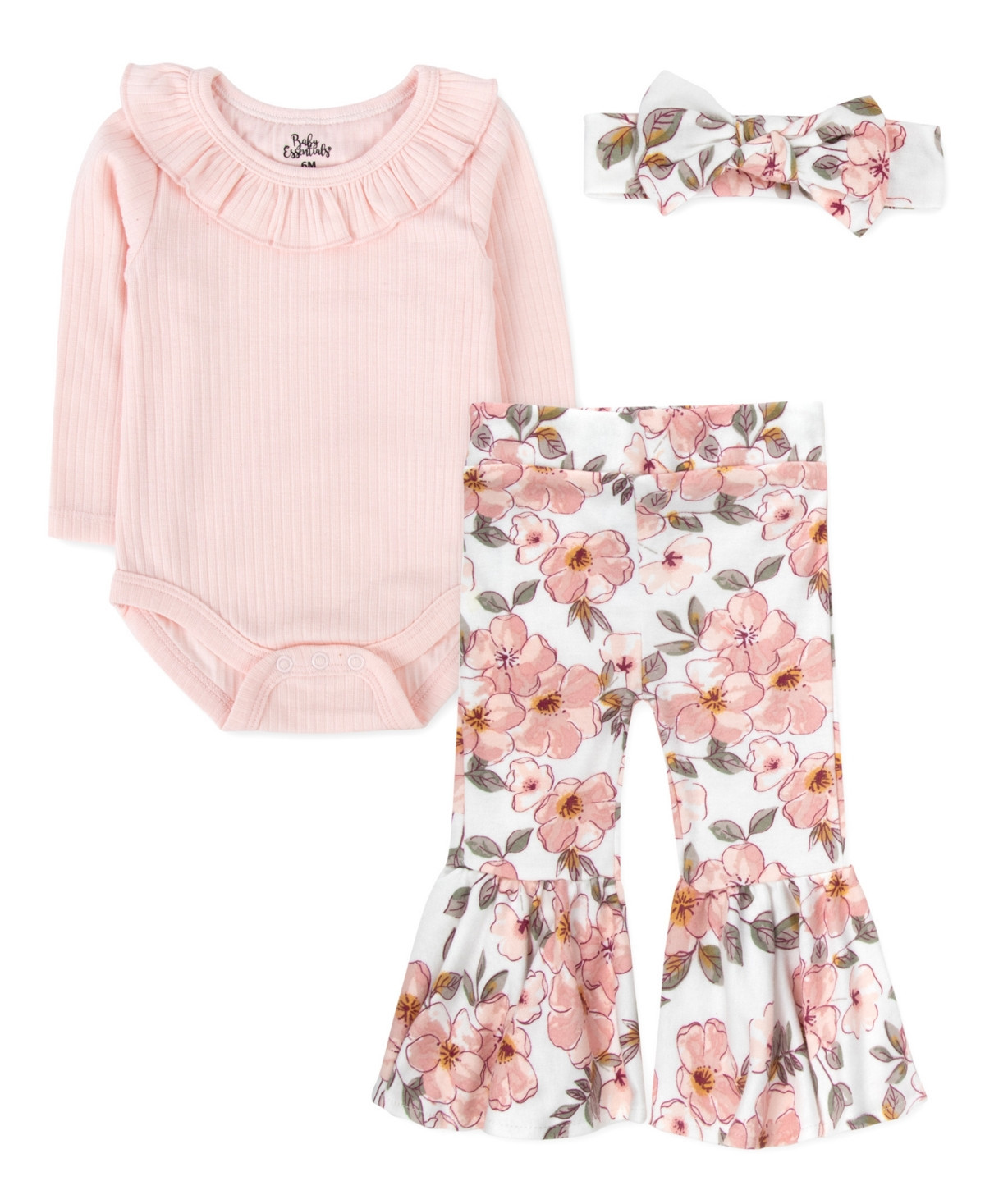 Baby Essentials Baby Girl Bodysuit, Floral Bell Bottom Pant & Headband, 3-Piece Set - Pink | Macy's
