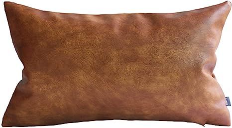 Kdays Thick Brown Faux Leather Lumbar Pillow Cover Cognac Leather Decorative Throw Pillow Case Fa... | Amazon (US)