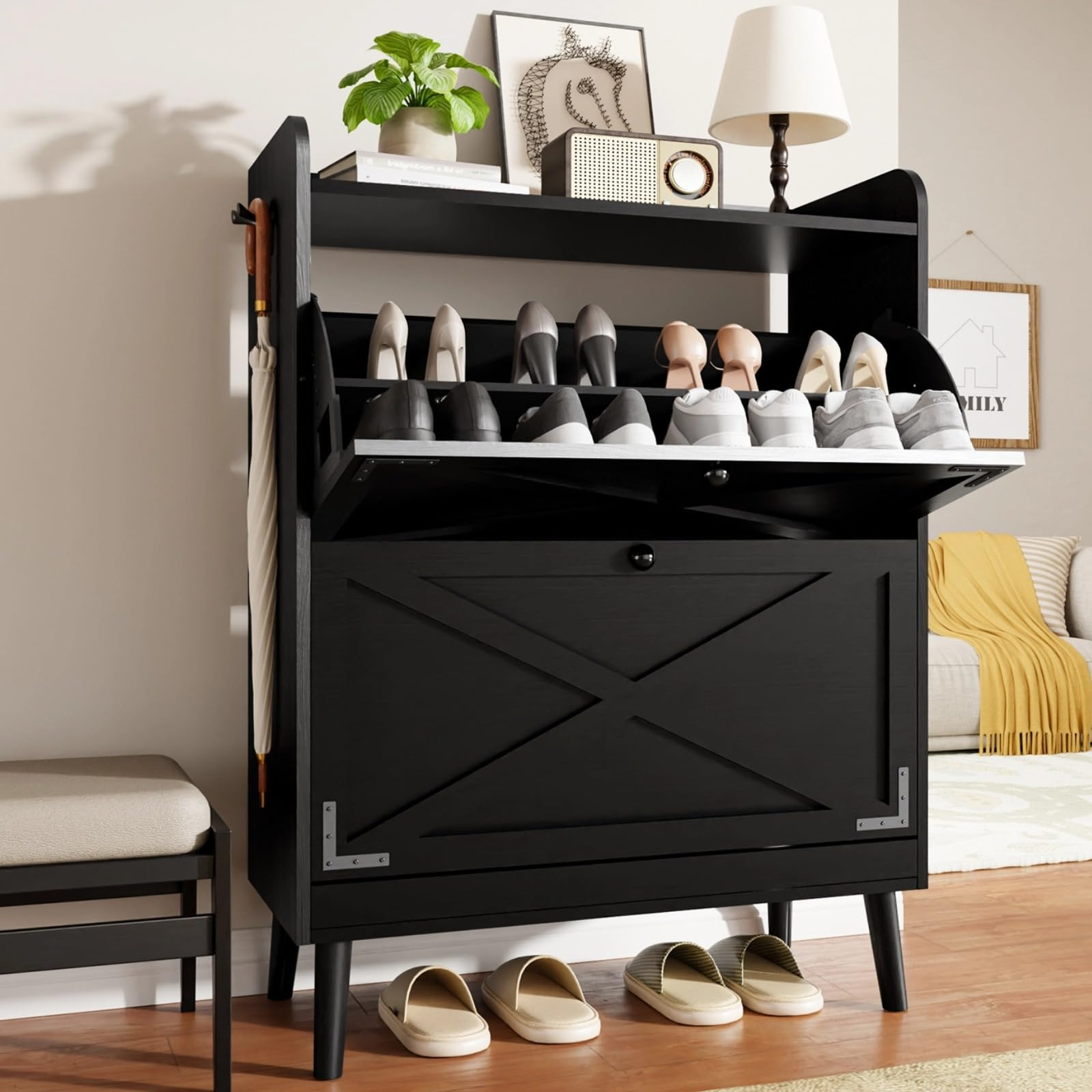 Shoe Storage Cabinet with 2 Flip Drawers & Metal Hooks, Narrow Entryway Shoe Organizer Cabinet wi... | Amazon (US)