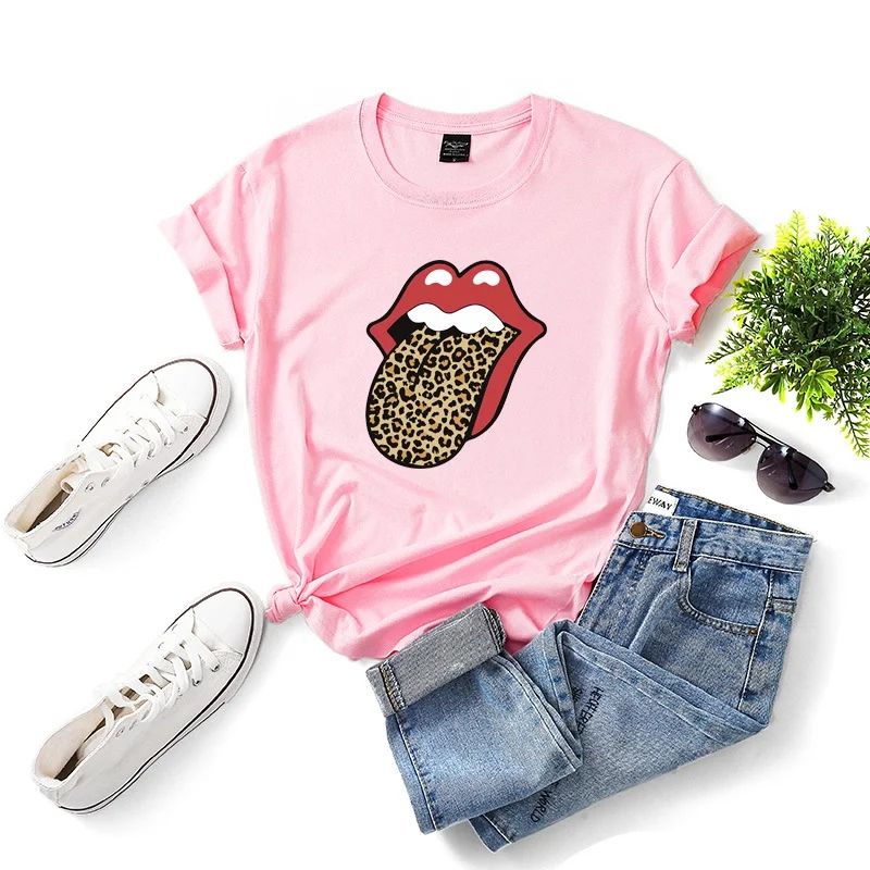 Women's Street Style Sexy Red Lips Tongue Leopard Print Summer Cotton Short-Sleeved Simplicity T-... | Walmart (US)