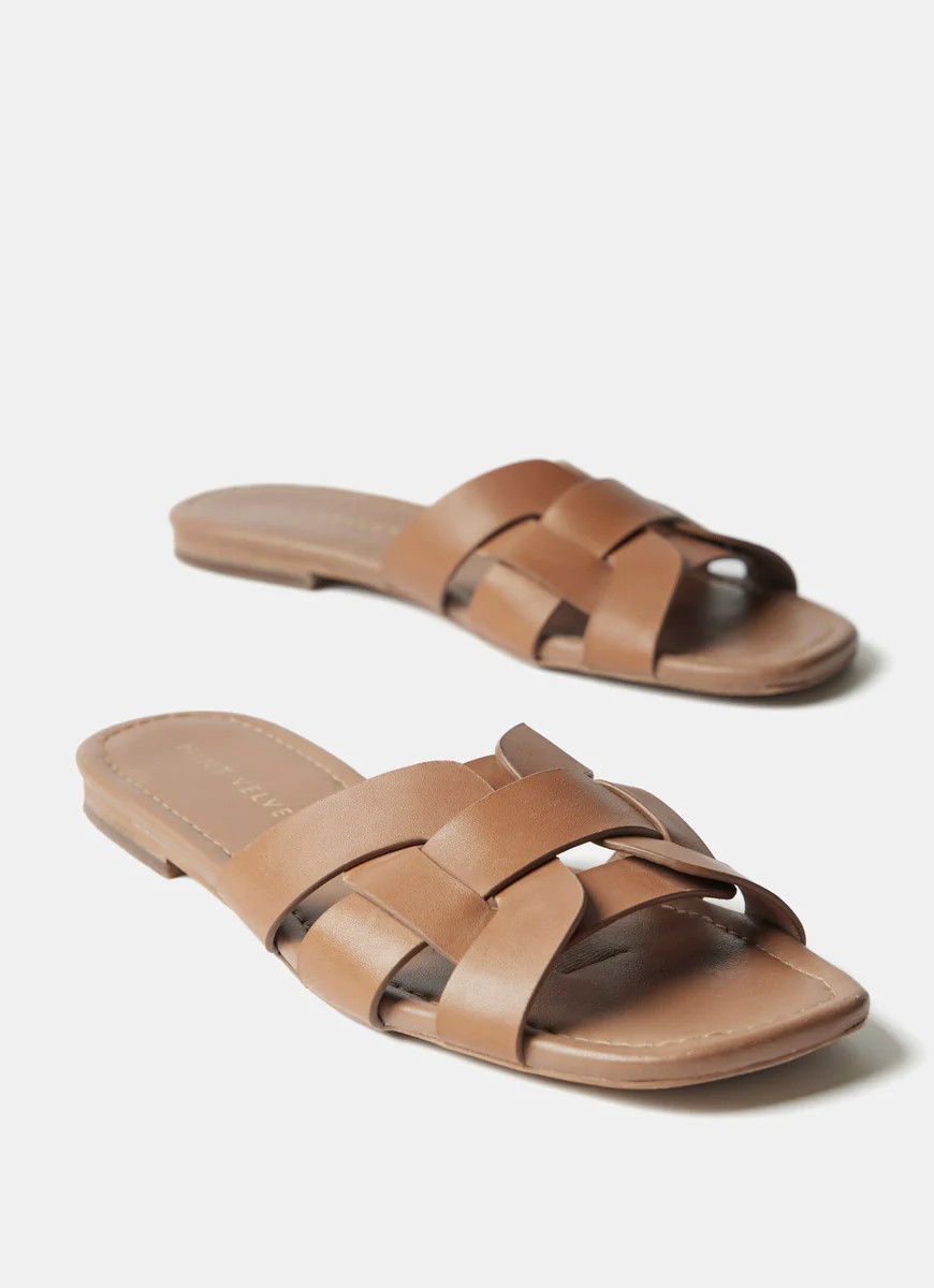 Tan Leather Woven Flat Sandals | Mint Velvet