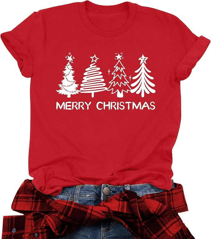 Christmas Shirts for Women: Merry Christmas Tree Graphic Tshirt Xmas Vacation Short Sleeve Tee To... | Amazon (US)
