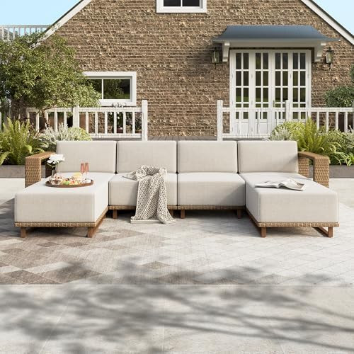 HERA'S HOUSE 6 Pieces Outdoor Rattan Furniture Set, 4 Sectional Patio Wicker Sofa with 2 Ottomans... | Amazon (US)