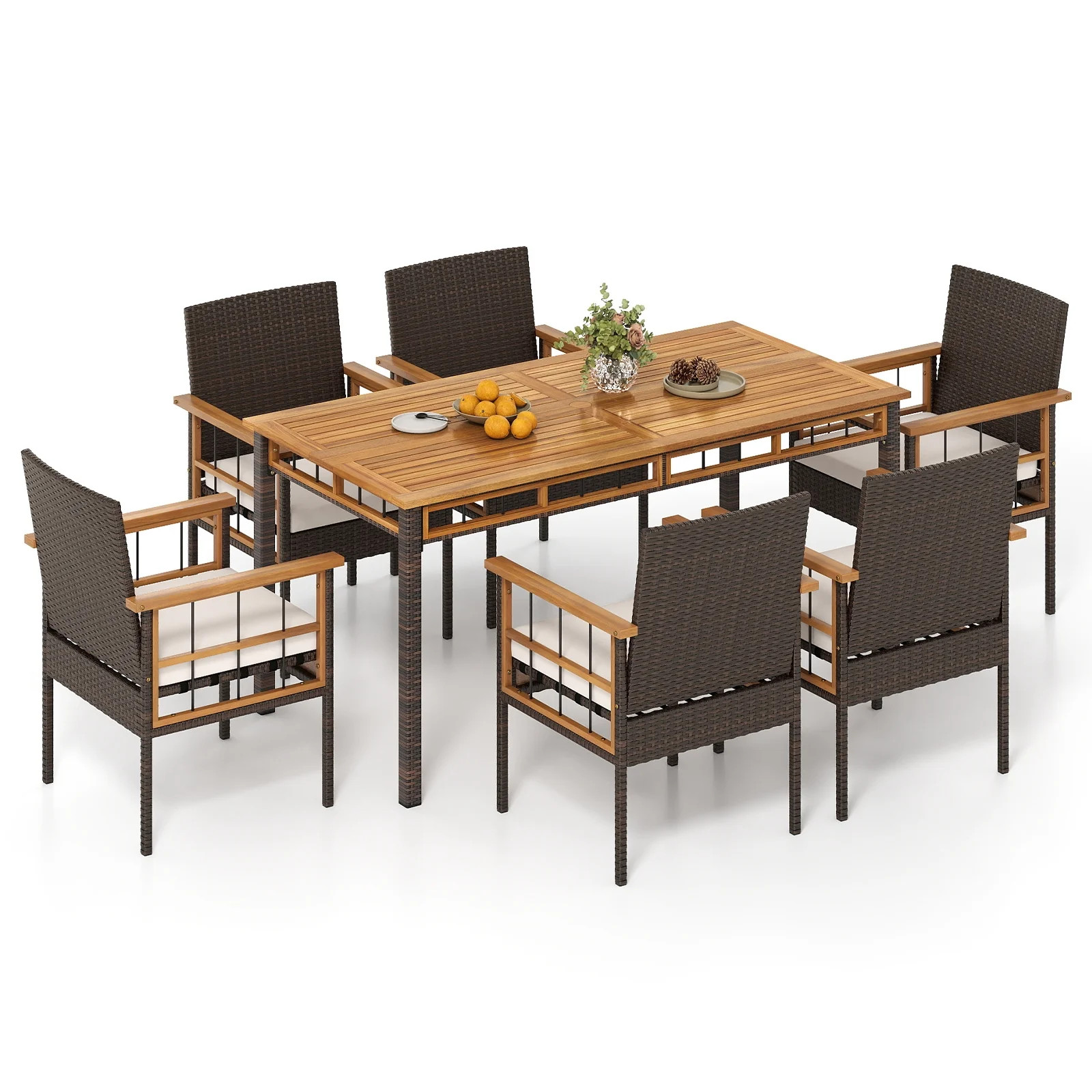 Gymax Set of 7 PE Wicker Patio Dining Set w/1.97'' Umbrella Hole Cushions for Deck Garden | Walmart (US)