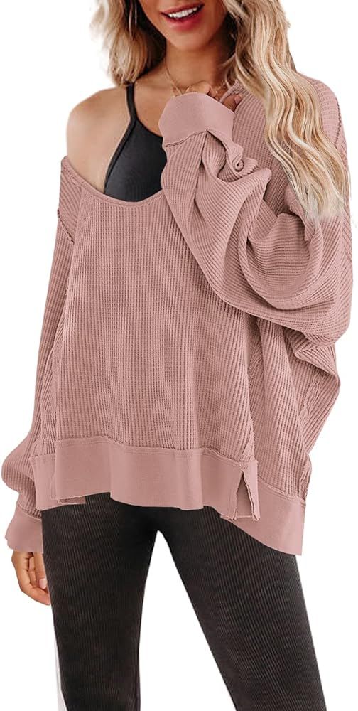 SENSERISE Womens V Neck Waffle Knit Tops Long Sleeve Shirts Oversized Sweater Pullover | Amazon (US)