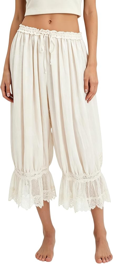 Pettipants, Pantaloons, Lace Pants, Ruffled Hem, Slip, Mid Rise Cropped Pajama Bottoms, Under Dre... | Amazon (US)