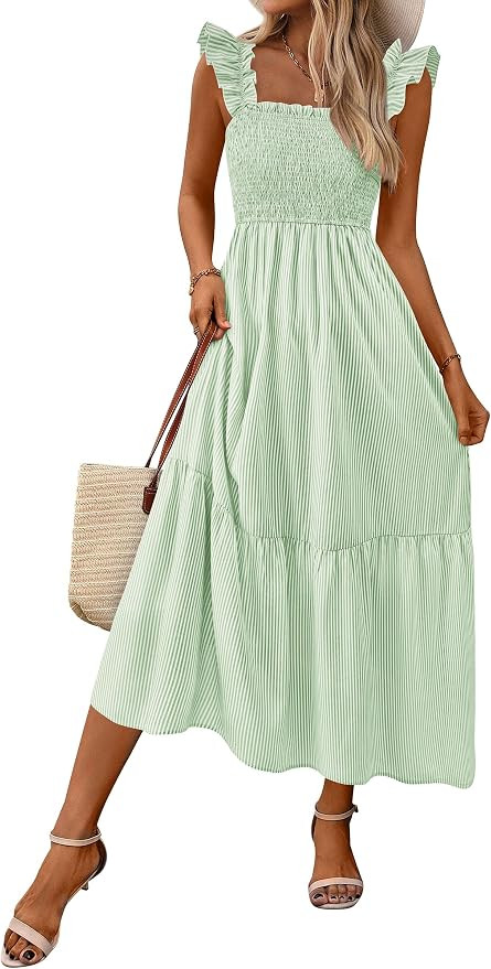 PRETTYGARDEN Womens Summer Dress Casual Square Neck Ruffle Strap Gingham Smocked Midi Flowy A Lin... | Amazon (US)