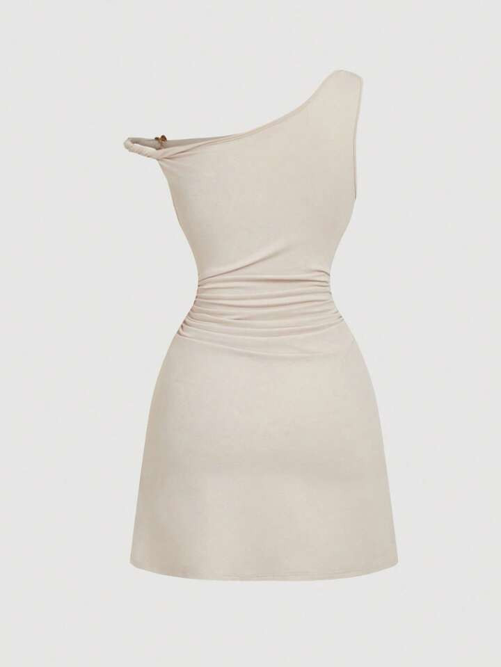 SHEIN MOD Plus Size Apricot Ruched Metal Buckle Accent Fitted Short Dress,Vestidos Elegantes De M... | SHEIN