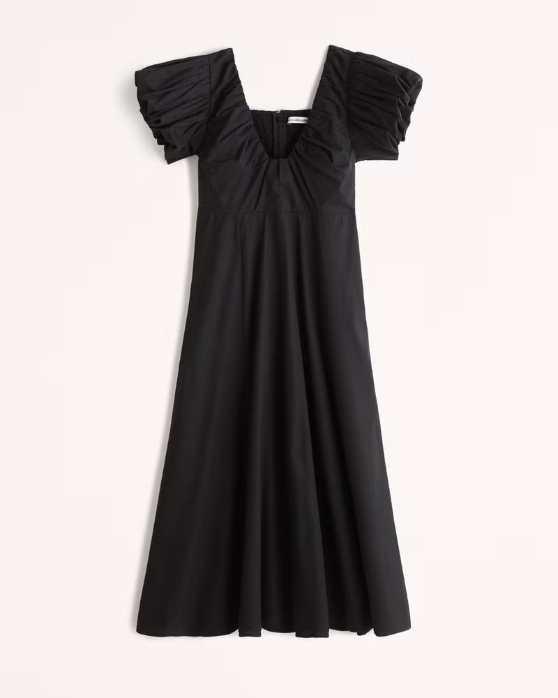 Puff Sleeve Plunge Midi Dress | Abercrombie & Fitch (US)