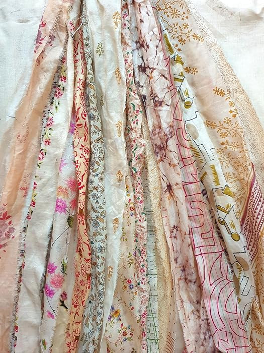 21 Yards Unstitched Sari Silk Yarn Ribbon Tassels SKEINS Beige Cream Journal Scrapbook Craft Proj... | Amazon (US)