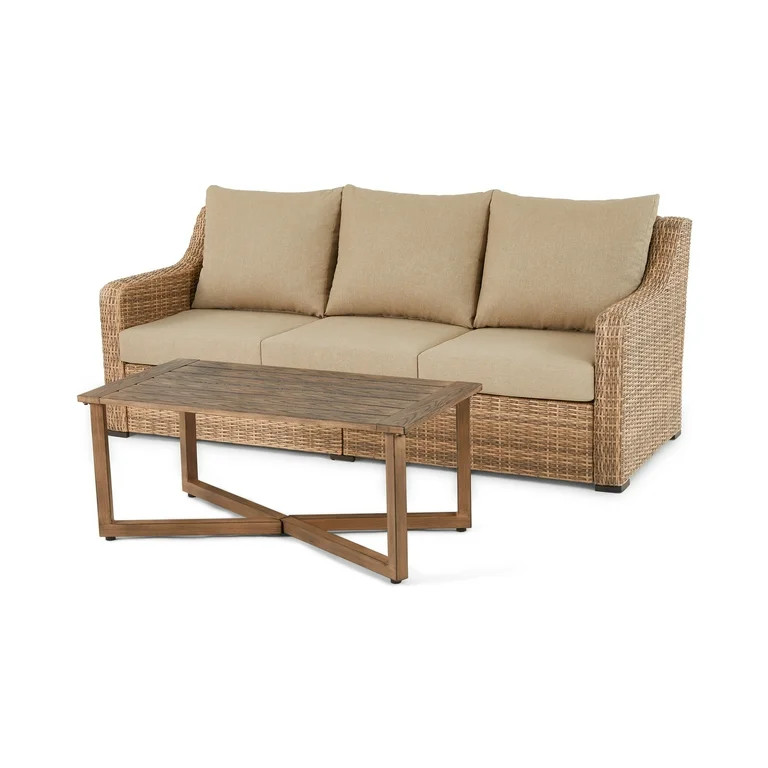 Better Homes & Gardens Hawthorne Park Outdoor Sofa and Coffee Table with Beige Cushions | Walmart (US)