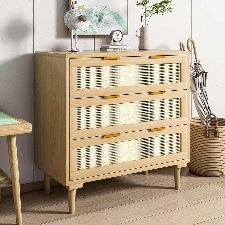 Rattan 3 Drawer Dresser Mid-Century Modern Dresser Chest of Drawers Wood Oak 3 Drawer Storage Clo... | Amazon (US)