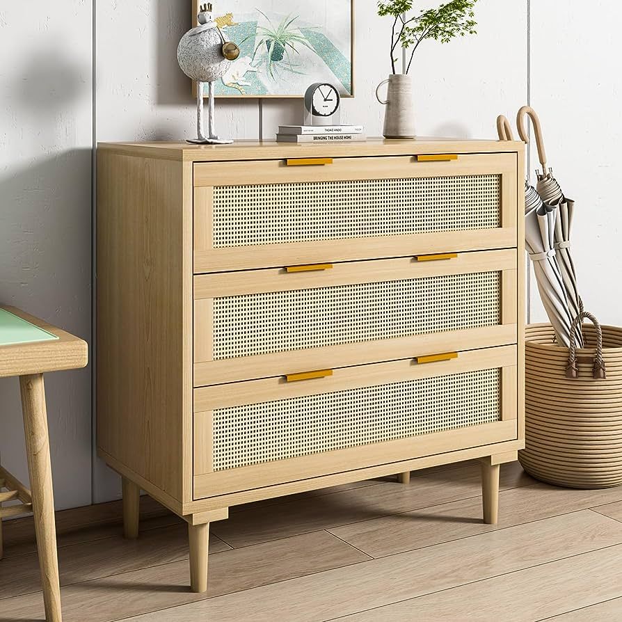 Rattan 3 Drawer Dresser Mid-Century Modern Dresser Chest of Drawers Wood Oak 3 Drawer Storage Clo... | Amazon (US)