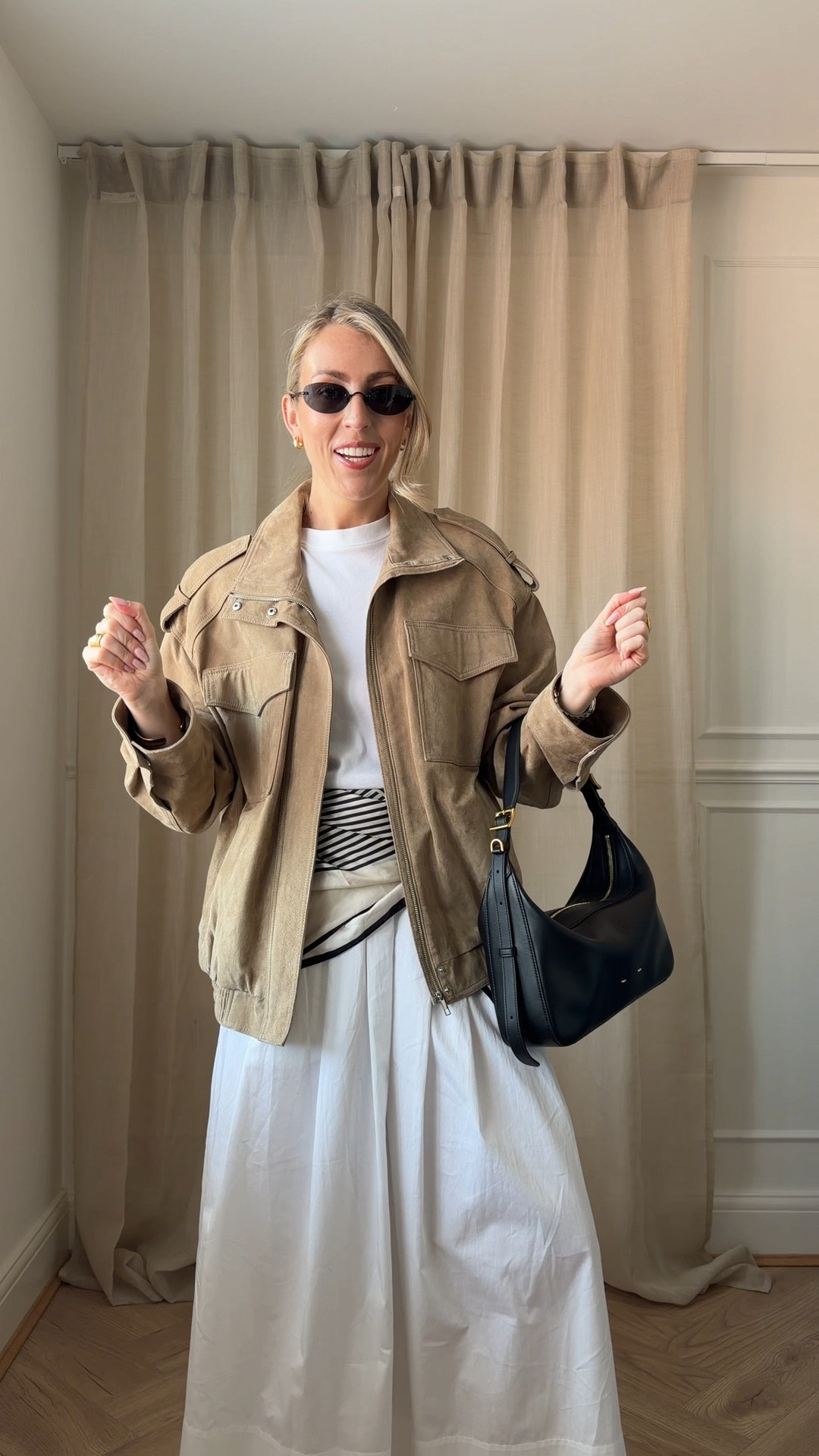 This Zara suede jacket is such a vibe with this skirt! 🤍 

Scarf styling, white skirt, black bag, spring outfits, mesh ballet flats 