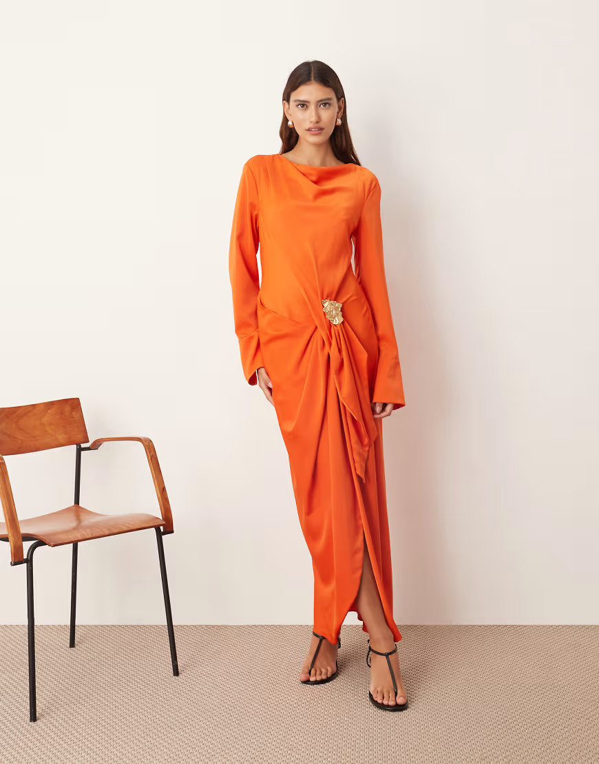 ARRANGE long sleeve drape maxi dress with molten metal trim in orange | ASOS (Global)