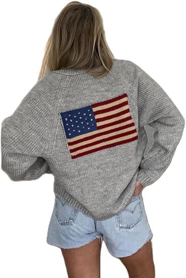 Women's American Flag Knit Sweater Cardigan Fold Collar Cardigans Long Sleeve Button Front Knitwe... | Amazon (US)
