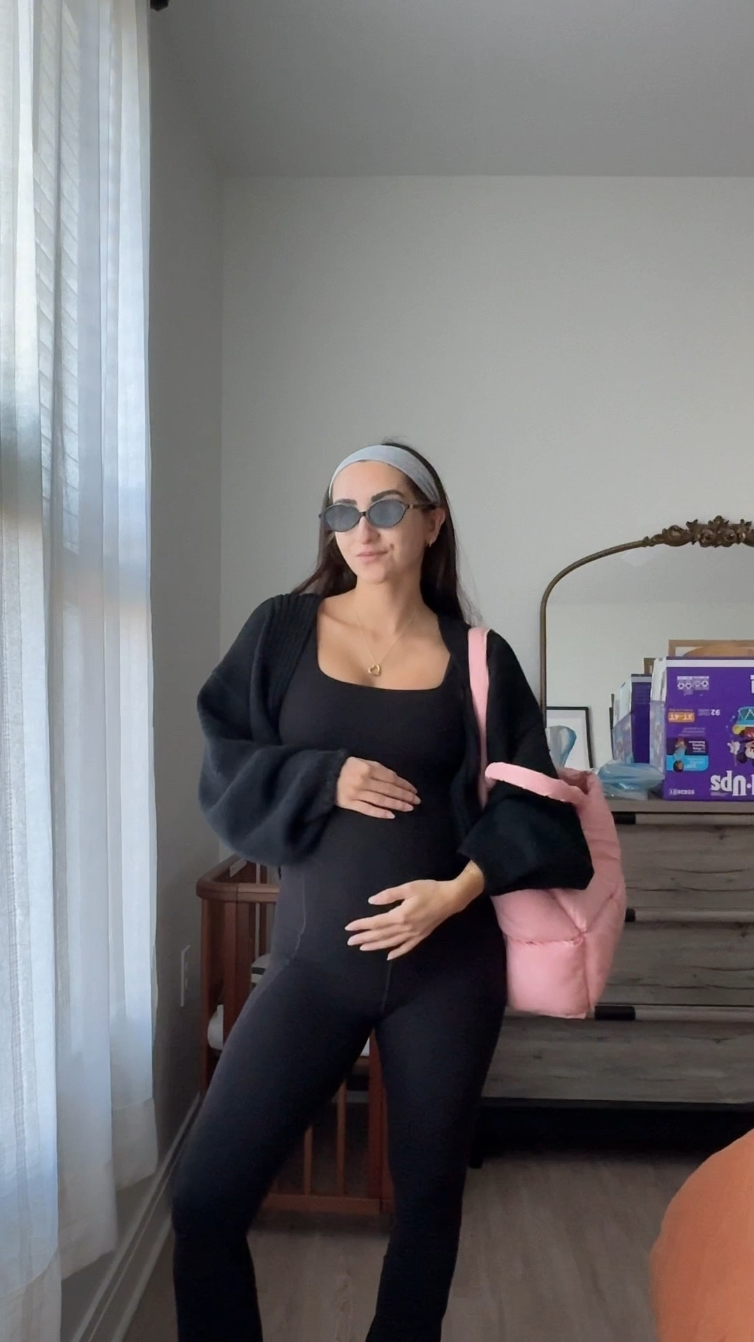 maternity bump-friendly fall outfit // flare leg jumpsuit // barrel sleeve open front cardigan // pink puffer tote bag

#LTKBump #LTKPetite #LTKStyleTip