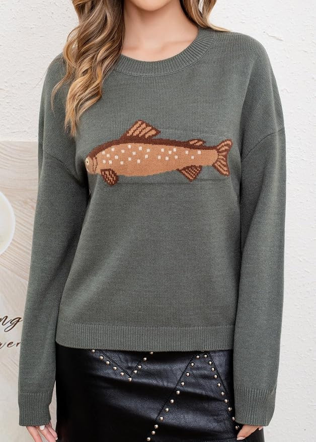 CHARTOU Women Fashion Crew Neck Rib Knit Crucian Carp Graphic Oversized Y2k Pullover Sweater Jump... | Amazon (US)