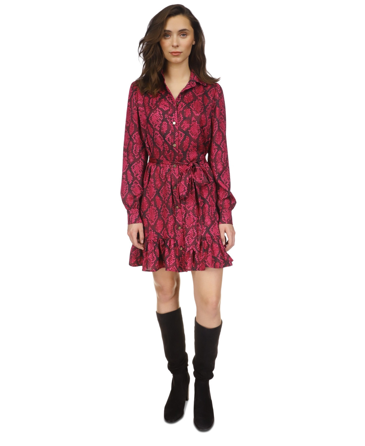 Michael Michael Kors Women's Snakeskin-Print Tie-Waist Dress - Deep Fuchsia | Macy's