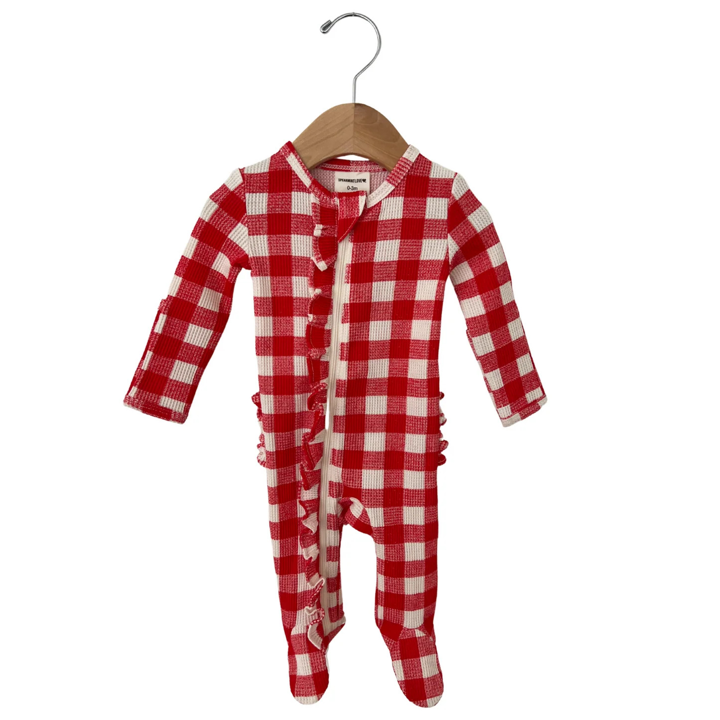 Organic Waffle Ruffle Zip Footie, Red Plaid | SpearmintLOVE