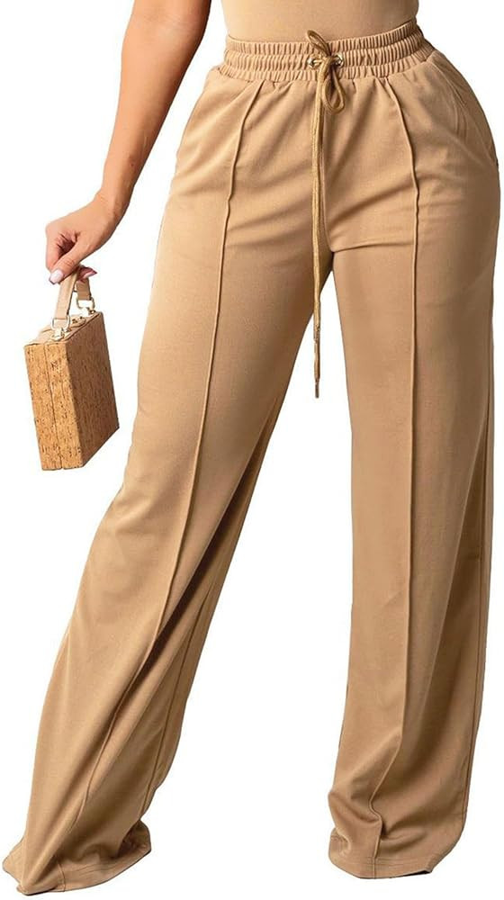 PINSV Women's Casual Wide Leg Pants High Waisted Drawstring Baggy Sweatpants Elastic Straight Leg... | Amazon (US)