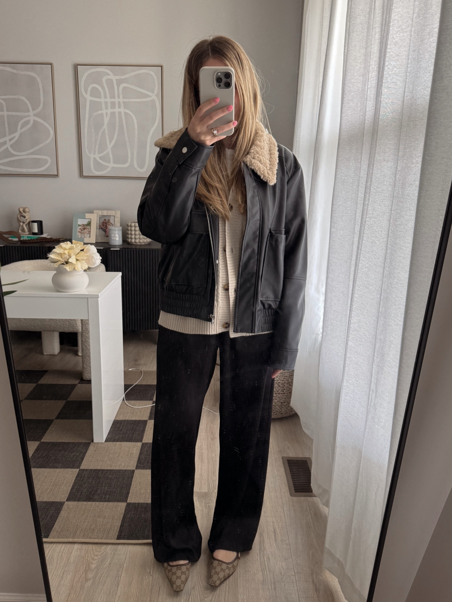 Faux leather jacket, oversized cardigan and black satin pants 

#LTKsalealert #LTKworkwear #LTKfindsunder50